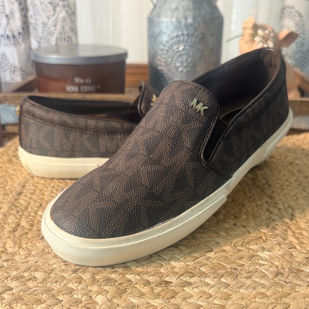 Michael Kors Woman's Brown Logo Slip-On Sneakers with Ivory Sole